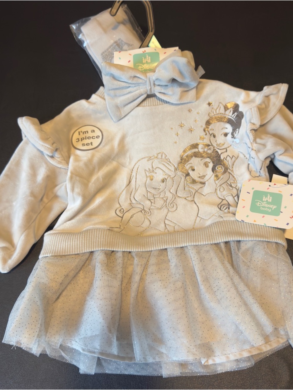 Disney Baby Gray Princess Tulle Dress Set with bow, and leggings.